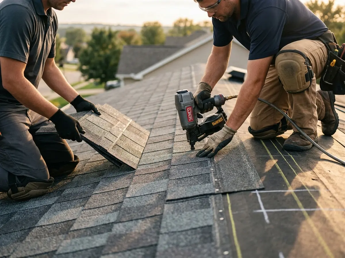 Professional roofer working on a residential roof in Houghton